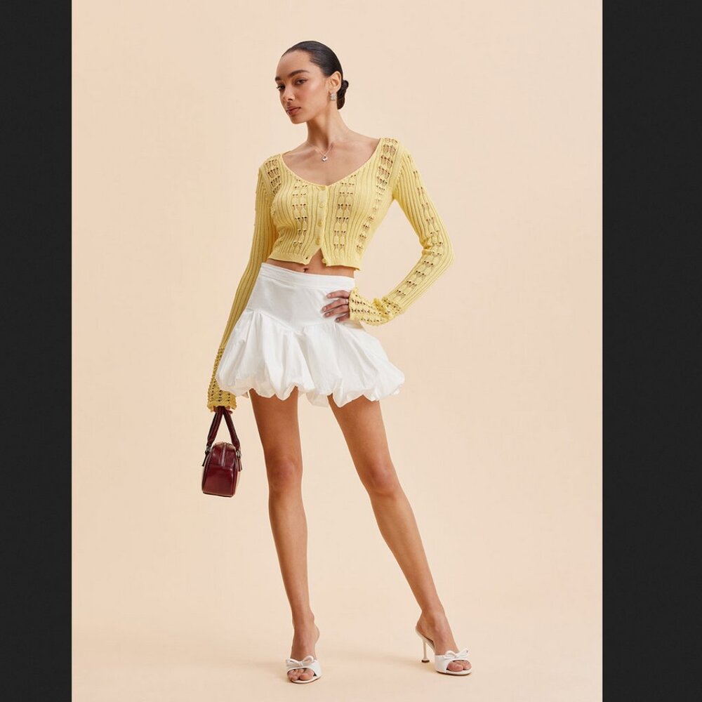 Commense Pale Yellow Open-Knit Cropped Cardigan